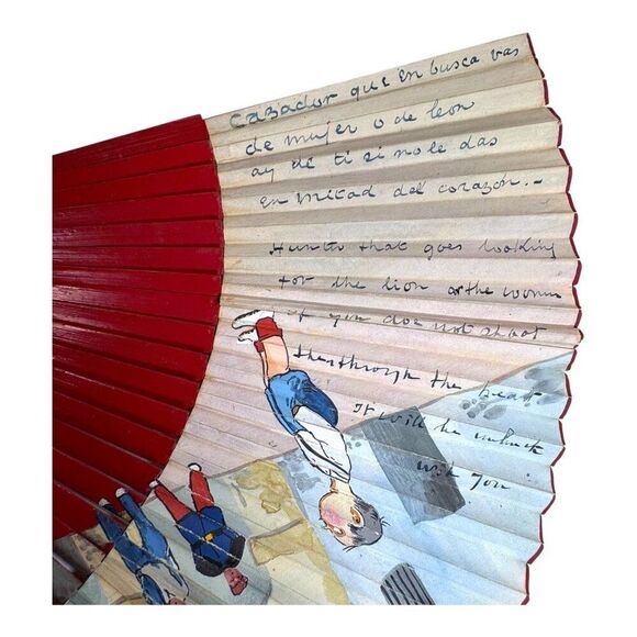 Hand painted Spanish Paper Folding Fan Red Wood Handle Handwritten Poem 17" READ - Picture 4 of 7